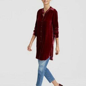 Eileen Fisher Red Hibiscus Mandarin Collar Velvet Long Tunic